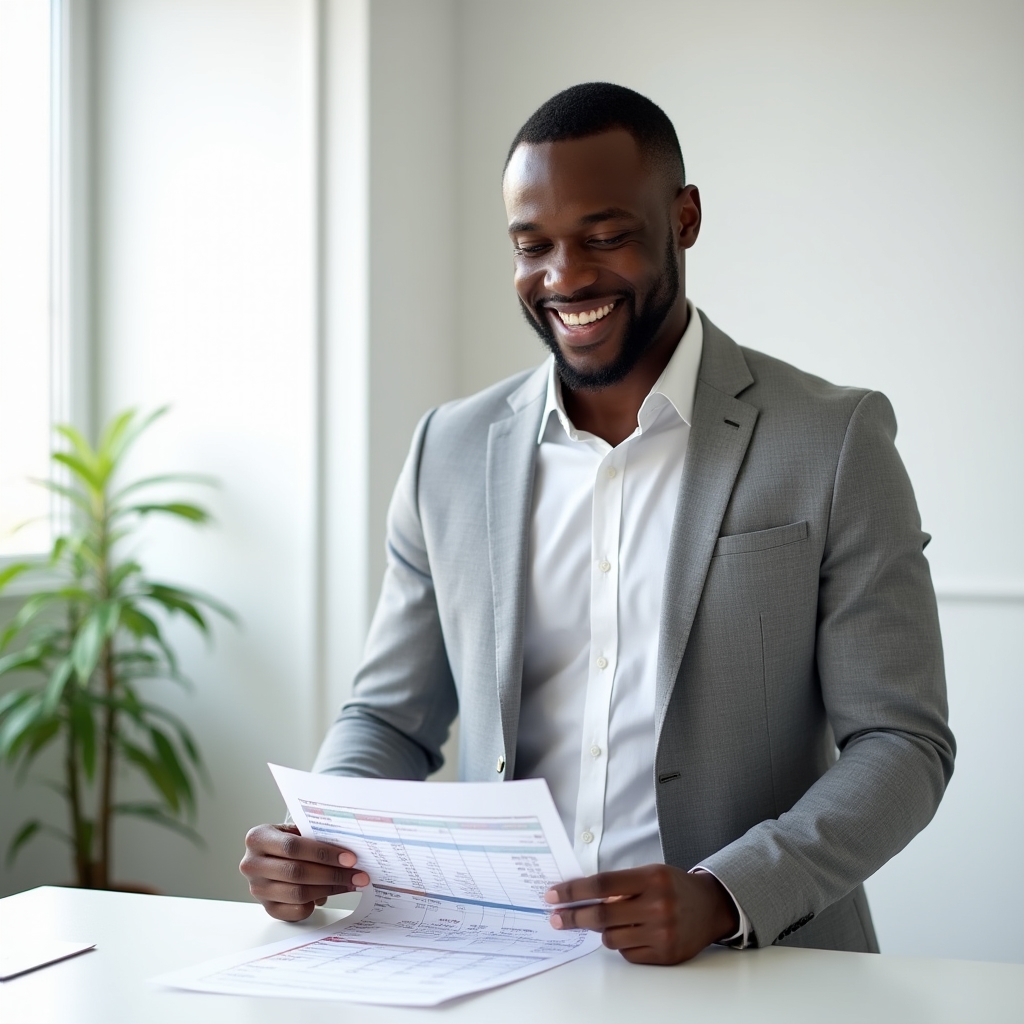 Expert financiar analizează o fișă de buget lunar pe un birou minimalist