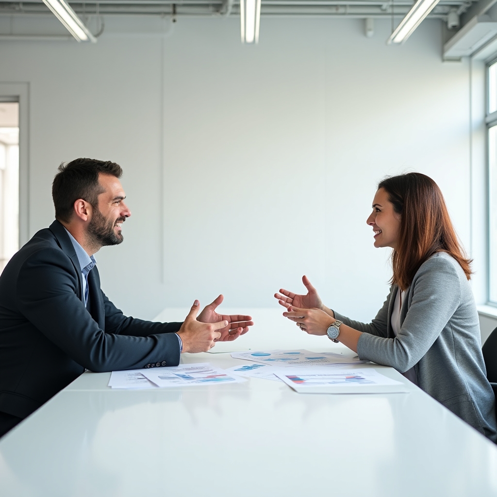 Doi experți discută despre comunicarea financiară la o masă minimalistă albă