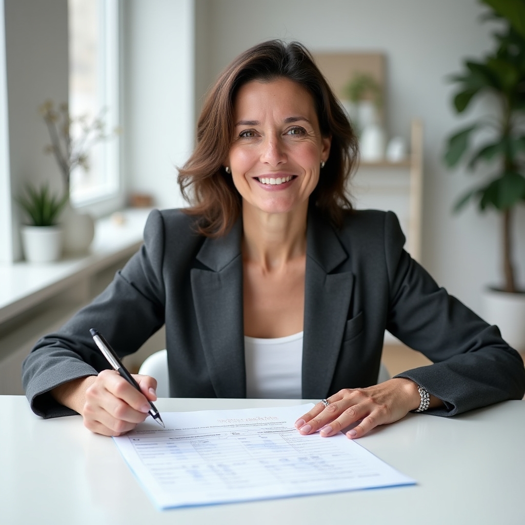 Consultantă analizează un plan de rambursare a datoriilor cu un client la birou
